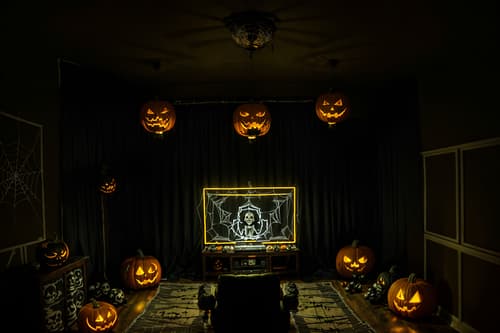 photo from pinterest of halloween-style interior designed (gaming room interior) . with human skulls and yellow black balloons and lanterns and cobwebs and skeletons sitting and standing and cobwebs and lanterns and glowing pumpkins. . cinematic photo, highly detailed, cinematic lighting, ultra-detailed, ultrarealistic, photorealism, 8k. trending on pinterest. halloween interior design style. masterpiece, cinematic light, ultrarealistic+, photorealistic+, 8k, raw photo, realistic, sharp focus on eyes, (symmetrical eyes), (intact eyes), hyperrealistic, highest quality, best quality, , highly detailed, masterpiece, best quality, extremely detailed 8k wallpaper, masterpiece, best quality, ultra-detailed, best shadow, detailed background, detailed face, detailed eyes, high contrast, best illumination, detailed face, dulux, caustic, dynamic angle, detailed glow. dramatic lighting. highly detailed, insanely detailed hair, symmetrical, intricate details, professionally retouched, 8k high definition. strong bokeh. award winning photo.