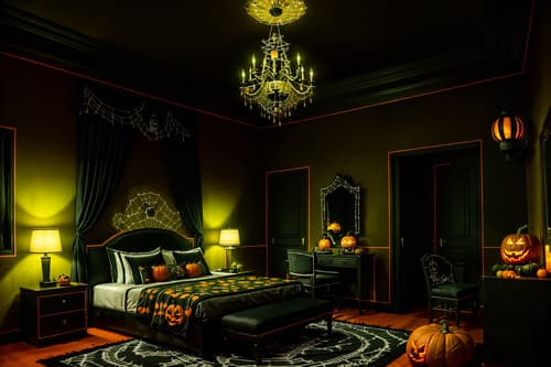 photo from pinterest of halloween-style interior designed (hotel room interior) with bed and storage bench or ottoman and hotel bathroom and accent chair and plant and night light and mirror and headboard. . with lanterns and skeletons sitting and standing and spiderwebs and glowing pumpkins and yellow black balloons and lanterns and cobwebs and human skulls. . cinematic photo, highly detailed, cinematic lighting, ultra-detailed, ultrarealistic, photorealism, 8k. trending on pinterest. halloween interior design style. masterpiece, cinematic light, ultrarealistic+, photorealistic+, 8k, raw photo, realistic, sharp focus on eyes, (symmetrical eyes), (intact eyes), hyperrealistic, highest quality, best quality, , highly detailed, masterpiece, best quality, extremely detailed 8k wallpaper, masterpiece, best quality, ultra-detailed, best shadow, detailed background, detailed face, detailed eyes, high contrast, best illumination, detailed face, dulux, caustic, dynamic angle, detailed glow. dramatic lighting. highly detailed, insanely detailed hair, symmetrical, intricate details, professionally retouched, 8k high definition. strong bokeh. award winning photo.