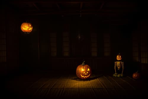 photo from pinterest of halloween-style interior designed (onsen interior) . with cobwebs and yellow black balloons and lanterns and glowing pumpkins and cobwebs and lanterns and skeletons sitting and standing and spiderwebs. . cinematic photo, highly detailed, cinematic lighting, ultra-detailed, ultrarealistic, photorealism, 8k. trending on pinterest. halloween interior design style. masterpiece, cinematic light, ultrarealistic+, photorealistic+, 8k, raw photo, realistic, sharp focus on eyes, (symmetrical eyes), (intact eyes), hyperrealistic, highest quality, best quality, , highly detailed, masterpiece, best quality, extremely detailed 8k wallpaper, masterpiece, best quality, ultra-detailed, best shadow, detailed background, detailed face, detailed eyes, high contrast, best illumination, detailed face, dulux, caustic, dynamic angle, detailed glow. dramatic lighting. highly detailed, insanely detailed hair, symmetrical, intricate details, professionally retouched, 8k high definition. strong bokeh. award winning photo.