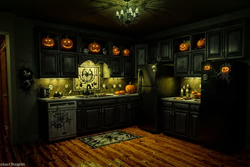 photo from pinterest of halloween-style interior designed (kitchen interior) with kitchen cabinets and refrigerator and sink and stove and worktops and plant and kitchen cabinets. . with cobwebs and lanterns and skeletons sitting and standing and glowing pumpkins and lanterns and cobwebs and spiderwebs and human skulls. . cinematic photo, highly detailed, cinematic lighting, ultra-detailed, ultrarealistic, photorealism, 8k. trending on pinterest. halloween interior design style. masterpiece, cinematic light, ultrarealistic+, photorealistic+, 8k, raw photo, realistic, sharp focus on eyes, (symmetrical eyes), (intact eyes), hyperrealistic, highest quality, best quality, , highly detailed, masterpiece, best quality, extremely detailed 8k wallpaper, masterpiece, best quality, ultra-detailed, best shadow, detailed background, detailed face, detailed eyes, high contrast, best illumination, detailed face, dulux, caustic, dynamic angle, detailed glow. dramatic lighting. highly detailed, insanely detailed hair, symmetrical, intricate details, professionally retouched, 8k high definition. strong bokeh. award winning photo.