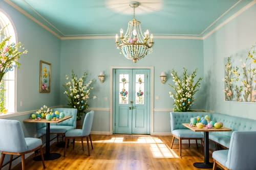 photo from pinterest of easter-style interior designed (coffee shop interior) . with light blue colors and spring decorations and easter decorations and flowers on table and colorful easter eggs and light blue colors. . cinematic photo, highly detailed, cinematic lighting, ultra-detailed, ultrarealistic, photorealism, 8k. trending on pinterest. easter interior design style. masterpiece, cinematic light, ultrarealistic+, photorealistic+, 8k, raw photo, realistic, sharp focus on eyes, (symmetrical eyes), (intact eyes), hyperrealistic, highest quality, best quality, , highly detailed, masterpiece, best quality, extremely detailed 8k wallpaper, masterpiece, best quality, ultra-detailed, best shadow, detailed background, detailed face, detailed eyes, high contrast, best illumination, detailed face, dulux, caustic, dynamic angle, detailed glow. dramatic lighting. highly detailed, insanely detailed hair, symmetrical, intricate details, professionally retouched, 8k high definition. strong bokeh. award winning photo.