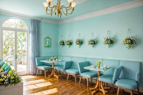 photo from pinterest of easter-style interior designed (coffee shop interior) . with light blue colors and spring decorations and easter decorations and flowers on table and colorful easter eggs and light blue colors. . cinematic photo, highly detailed, cinematic lighting, ultra-detailed, ultrarealistic, photorealism, 8k. trending on pinterest. easter interior design style. masterpiece, cinematic light, ultrarealistic+, photorealistic+, 8k, raw photo, realistic, sharp focus on eyes, (symmetrical eyes), (intact eyes), hyperrealistic, highest quality, best quality, , highly detailed, masterpiece, best quality, extremely detailed 8k wallpaper, masterpiece, best quality, ultra-detailed, best shadow, detailed background, detailed face, detailed eyes, high contrast, best illumination, detailed face, dulux, caustic, dynamic angle, detailed glow. dramatic lighting. highly detailed, insanely detailed hair, symmetrical, intricate details, professionally retouched, 8k high definition. strong bokeh. award winning photo.