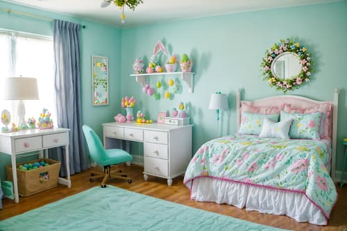 photo from pinterest of easter-style interior designed (kids room interior) with headboard and bedside table or night stand and bed and mirror and kids desk and accent chair and night light and plant. . with spring decorations and flowers on table and light blue colors and easter decorations and colorful easter eggs and spring decorations. . cinematic photo, highly detailed, cinematic lighting, ultra-detailed, ultrarealistic, photorealism, 8k. trending on pinterest. easter interior design style. masterpiece, cinematic light, ultrarealistic+, photorealistic+, 8k, raw photo, realistic, sharp focus on eyes, (symmetrical eyes), (intact eyes), hyperrealistic, highest quality, best quality, , highly detailed, masterpiece, best quality, extremely detailed 8k wallpaper, masterpiece, best quality, ultra-detailed, best shadow, detailed background, detailed face, detailed eyes, high contrast, best illumination, detailed face, dulux, caustic, dynamic angle, detailed glow. dramatic lighting. highly detailed, insanely detailed hair, symmetrical, intricate details, professionally retouched, 8k high definition. strong bokeh. award winning photo.