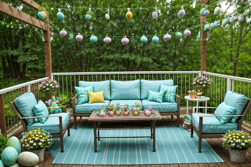 photo from pinterest of easter-style designed (outdoor patio ) with patio couch with pillows and deck with deck chairs and barbeque or grill and grass and plant and patio couch with pillows. . with easter decorations and flowers on table and spring decorations and light blue colors and colorful easter eggs and easter decorations. . cinematic photo, highly detailed, cinematic lighting, ultra-detailed, ultrarealistic, photorealism, 8k. trending on pinterest. easter design style. masterpiece, cinematic light, ultrarealistic+, photorealistic+, 8k, raw photo, realistic, sharp focus on eyes, (symmetrical eyes), (intact eyes), hyperrealistic, highest quality, best quality, , highly detailed, masterpiece, best quality, extremely detailed 8k wallpaper, masterpiece, best quality, ultra-detailed, best shadow, detailed background, detailed face, detailed eyes, high contrast, best illumination, detailed face, dulux, caustic, dynamic angle, detailed glow. dramatic lighting. highly detailed, insanely detailed hair, symmetrical, intricate details, professionally retouched, 8k high definition. strong bokeh. award winning photo.