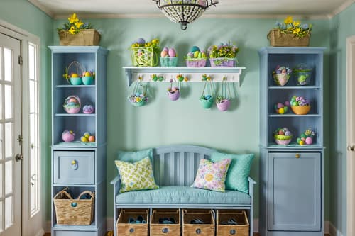 photo from pinterest of easter-style interior designed (drop zone interior) with cabinets and cubbies and storage drawers and shelves for shoes and a bench and high up storage and storage baskets and wall hooks for coats. . with flowers on table and spring decorations and light blue colors and colorful easter eggs and easter decorations and flowers on table. . cinematic photo, highly detailed, cinematic lighting, ultra-detailed, ultrarealistic, photorealism, 8k. trending on pinterest. easter interior design style. masterpiece, cinematic light, ultrarealistic+, photorealistic+, 8k, raw photo, realistic, sharp focus on eyes, (symmetrical eyes), (intact eyes), hyperrealistic, highest quality, best quality, , highly detailed, masterpiece, best quality, extremely detailed 8k wallpaper, masterpiece, best quality, ultra-detailed, best shadow, detailed background, detailed face, detailed eyes, high contrast, best illumination, detailed face, dulux, caustic, dynamic angle, detailed glow. dramatic lighting. highly detailed, insanely detailed hair, symmetrical, intricate details, professionally retouched, 8k high definition. strong bokeh. award winning photo.