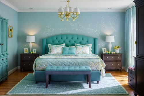 photo from pinterest of easter-style interior designed (bedroom interior) with accent chair and storage bench or ottoman and bed and night light and headboard and dresser closet and bedside table or night stand and mirror. . with flowers on table and spring decorations and light blue colors and easter decorations and colorful easter eggs and flowers on table. . cinematic photo, highly detailed, cinematic lighting, ultra-detailed, ultrarealistic, photorealism, 8k. trending on pinterest. easter interior design style. masterpiece, cinematic light, ultrarealistic+, photorealistic+, 8k, raw photo, realistic, sharp focus on eyes, (symmetrical eyes), (intact eyes), hyperrealistic, highest quality, best quality, , highly detailed, masterpiece, best quality, extremely detailed 8k wallpaper, masterpiece, best quality, ultra-detailed, best shadow, detailed background, detailed face, detailed eyes, high contrast, best illumination, detailed face, dulux, caustic, dynamic angle, detailed glow. dramatic lighting. highly detailed, insanely detailed hair, symmetrical, intricate details, professionally retouched, 8k high definition. strong bokeh. award winning photo.