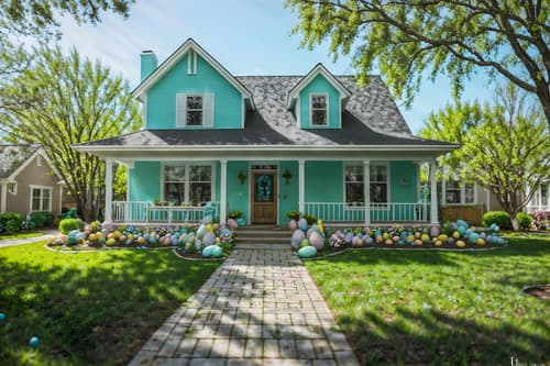 photo from pinterest of easter-style exterior designed (house exterior exterior) . with spring decorations and colorful easter eggs and light blue colors and easter decorations and flowers on table and spring decorations. . cinematic photo, highly detailed, cinematic lighting, ultra-detailed, ultrarealistic, photorealism, 8k. trending on pinterest. easter exterior design style. masterpiece, cinematic light, ultrarealistic+, photorealistic+, 8k, raw photo, realistic, sharp focus on eyes, (symmetrical eyes), (intact eyes), hyperrealistic, highest quality, best quality, , highly detailed, masterpiece, best quality, extremely detailed 8k wallpaper, masterpiece, best quality, ultra-detailed, best shadow, detailed background, detailed face, detailed eyes, high contrast, best illumination, detailed face, dulux, caustic, dynamic angle, detailed glow. dramatic lighting. highly detailed, insanely detailed hair, symmetrical, intricate details, professionally retouched, 8k high definition. strong bokeh. award winning photo.