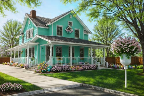 photo from pinterest of easter-style exterior designed (house exterior exterior) . with spring decorations and colorful easter eggs and light blue colors and easter decorations and flowers on table and spring decorations. . cinematic photo, highly detailed, cinematic lighting, ultra-detailed, ultrarealistic, photorealism, 8k. trending on pinterest. easter exterior design style. masterpiece, cinematic light, ultrarealistic+, photorealistic+, 8k, raw photo, realistic, sharp focus on eyes, (symmetrical eyes), (intact eyes), hyperrealistic, highest quality, best quality, , highly detailed, masterpiece, best quality, extremely detailed 8k wallpaper, masterpiece, best quality, ultra-detailed, best shadow, detailed background, detailed face, detailed eyes, high contrast, best illumination, detailed face, dulux, caustic, dynamic angle, detailed glow. dramatic lighting. highly detailed, insanely detailed hair, symmetrical, intricate details, professionally retouched, 8k high definition. strong bokeh. award winning photo.