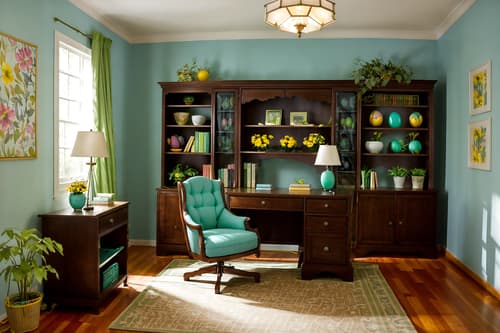 photo from pinterest of easter-style interior designed (study room interior) with lounge chair and cabinets and desk lamp and plant and office chair and bookshelves and writing desk and lounge chair. . with flowers on table and easter decorations and colorful easter eggs and light blue colors and spring decorations and flowers on table. . cinematic photo, highly detailed, cinematic lighting, ultra-detailed, ultrarealistic, photorealism, 8k. trending on pinterest. easter interior design style. masterpiece, cinematic light, ultrarealistic+, photorealistic+, 8k, raw photo, realistic, sharp focus on eyes, (symmetrical eyes), (intact eyes), hyperrealistic, highest quality, best quality, , highly detailed, masterpiece, best quality, extremely detailed 8k wallpaper, masterpiece, best quality, ultra-detailed, best shadow, detailed background, detailed face, detailed eyes, high contrast, best illumination, detailed face, dulux, caustic, dynamic angle, detailed glow. dramatic lighting. highly detailed, insanely detailed hair, symmetrical, intricate details, professionally retouched, 8k high definition. strong bokeh. award winning photo.