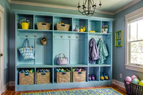 photo from pinterest of easter-style interior designed (mudroom interior) with a bench and cubbies and storage drawers and wall hooks for coats and cabinets and shelves for shoes and storage baskets and high up storage. . with spring decorations and light blue colors and colorful easter eggs and flowers on table and easter decorations and spring decorations. . cinematic photo, highly detailed, cinematic lighting, ultra-detailed, ultrarealistic, photorealism, 8k. trending on pinterest. easter interior design style. masterpiece, cinematic light, ultrarealistic+, photorealistic+, 8k, raw photo, realistic, sharp focus on eyes, (symmetrical eyes), (intact eyes), hyperrealistic, highest quality, best quality, , highly detailed, masterpiece, best quality, extremely detailed 8k wallpaper, masterpiece, best quality, ultra-detailed, best shadow, detailed background, detailed face, detailed eyes, high contrast, best illumination, detailed face, dulux, caustic, dynamic angle, detailed glow. dramatic lighting. highly detailed, insanely detailed hair, symmetrical, intricate details, professionally retouched, 8k high definition. strong bokeh. award winning photo.