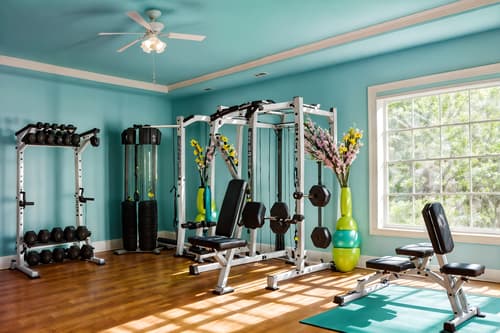 photo from pinterest of easter-style interior designed (fitness gym interior) with dumbbell stand and crosstrainer and squat rack and exercise bicycle and bench press and dumbbell stand. . with spring decorations and light blue colors and easter decorations and flowers on table and colorful easter eggs and spring decorations. . cinematic photo, highly detailed, cinematic lighting, ultra-detailed, ultrarealistic, photorealism, 8k. trending on pinterest. easter interior design style. masterpiece, cinematic light, ultrarealistic+, photorealistic+, 8k, raw photo, realistic, sharp focus on eyes, (symmetrical eyes), (intact eyes), hyperrealistic, highest quality, best quality, , highly detailed, masterpiece, best quality, extremely detailed 8k wallpaper, masterpiece, best quality, ultra-detailed, best shadow, detailed background, detailed face, detailed eyes, high contrast, best illumination, detailed face, dulux, caustic, dynamic angle, detailed glow. dramatic lighting. highly detailed, insanely detailed hair, symmetrical, intricate details, professionally retouched, 8k high definition. strong bokeh. award winning photo.