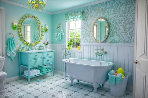 photo from pinterest of easter-style interior designed (bathroom interior) with shower and bathroom sink with faucet and waste basket and bathtub and bath rail and toilet seat and plant and mirror. . with light blue colors and easter decorations and colorful easter eggs and spring decorations and flowers on table and light blue colors. . cinematic photo, highly detailed, cinematic lighting, ultra-detailed, ultrarealistic, photorealism, 8k. trending on pinterest. easter interior design style. masterpiece, cinematic light, ultrarealistic+, photorealistic+, 8k, raw photo, realistic, sharp focus on eyes, (symmetrical eyes), (intact eyes), hyperrealistic, highest quality, best quality, , highly detailed, masterpiece, best quality, extremely detailed 8k wallpaper, masterpiece, best quality, ultra-detailed, best shadow, detailed background, detailed face, detailed eyes, high contrast, best illumination, detailed face, dulux, caustic, dynamic angle, detailed glow. dramatic lighting. highly detailed, insanely detailed hair, symmetrical, intricate details, professionally retouched, 8k high definition. strong bokeh. award winning photo.