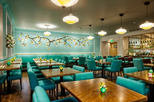 photo from pinterest of easter-style interior designed (restaurant interior) with restaurant decor and restaurant dining tables and restaurant chairs and restaurant bar and restaurant decor. . with spring decorations and light blue colors and flowers on table and colorful easter eggs and easter decorations and spring decorations. . cinematic photo, highly detailed, cinematic lighting, ultra-detailed, ultrarealistic, photorealism, 8k. trending on pinterest. easter interior design style. masterpiece, cinematic light, ultrarealistic+, photorealistic+, 8k, raw photo, realistic, sharp focus on eyes, (symmetrical eyes), (intact eyes), hyperrealistic, highest quality, best quality, , highly detailed, masterpiece, best quality, extremely detailed 8k wallpaper, masterpiece, best quality, ultra-detailed, best shadow, detailed background, detailed face, detailed eyes, high contrast, best illumination, detailed face, dulux, caustic, dynamic angle, detailed glow. dramatic lighting. highly detailed, insanely detailed hair, symmetrical, intricate details, professionally retouched, 8k high definition. strong bokeh. award winning photo.