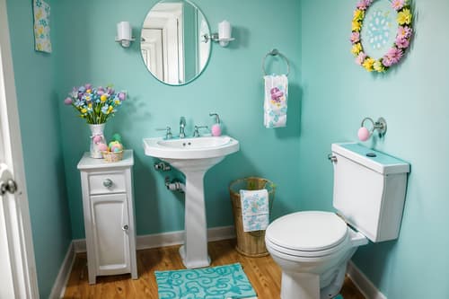photo from pinterest of easter-style interior designed (toilet interior) with sink with tap and toilet paper hanger and toilet with toilet seat up and sink with tap. . with flowers on table and colorful easter eggs and light blue colors and easter decorations and spring decorations and flowers on table. . cinematic photo, highly detailed, cinematic lighting, ultra-detailed, ultrarealistic, photorealism, 8k. trending on pinterest. easter interior design style. masterpiece, cinematic light, ultrarealistic+, photorealistic+, 8k, raw photo, realistic, sharp focus on eyes, (symmetrical eyes), (intact eyes), hyperrealistic, highest quality, best quality, , highly detailed, masterpiece, best quality, extremely detailed 8k wallpaper, masterpiece, best quality, ultra-detailed, best shadow, detailed background, detailed face, detailed eyes, high contrast, best illumination, detailed face, dulux, caustic, dynamic angle, detailed glow. dramatic lighting. highly detailed, insanely detailed hair, symmetrical, intricate details, professionally retouched, 8k high definition. strong bokeh. award winning photo.