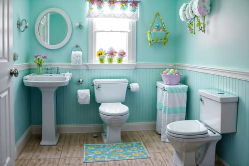 photo from pinterest of easter-style interior designed (toilet interior) with sink with tap and toilet paper hanger and toilet with toilet seat up and sink with tap. . with flowers on table and colorful easter eggs and light blue colors and easter decorations and spring decorations and flowers on table. . cinematic photo, highly detailed, cinematic lighting, ultra-detailed, ultrarealistic, photorealism, 8k. trending on pinterest. easter interior design style. masterpiece, cinematic light, ultrarealistic+, photorealistic+, 8k, raw photo, realistic, sharp focus on eyes, (symmetrical eyes), (intact eyes), hyperrealistic, highest quality, best quality, , highly detailed, masterpiece, best quality, extremely detailed 8k wallpaper, masterpiece, best quality, ultra-detailed, best shadow, detailed background, detailed face, detailed eyes, high contrast, best illumination, detailed face, dulux, caustic, dynamic angle, detailed glow. dramatic lighting. highly detailed, insanely detailed hair, symmetrical, intricate details, professionally retouched, 8k high definition. strong bokeh. award winning photo.