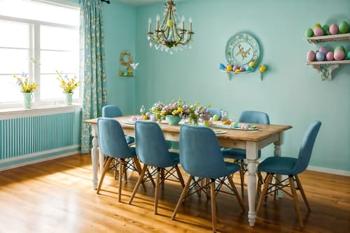 photo from pinterest of easter-style interior designed (attic interior) . with spring decorations and easter decorations and light blue colors and flowers on table and colorful easter eggs and spring decorations. . cinematic photo, highly detailed, cinematic lighting, ultra-detailed, ultrarealistic, photorealism, 8k. trending on pinterest. easter interior design style. masterpiece, cinematic light, ultrarealistic+, photorealistic+, 8k, raw photo, realistic, sharp focus on eyes, (symmetrical eyes), (intact eyes), hyperrealistic, highest quality, best quality, , highly detailed, masterpiece, best quality, extremely detailed 8k wallpaper, masterpiece, best quality, ultra-detailed, best shadow, detailed background, detailed face, detailed eyes, high contrast, best illumination, detailed face, dulux, caustic, dynamic angle, detailed glow. dramatic lighting. highly detailed, insanely detailed hair, symmetrical, intricate details, professionally retouched, 8k high definition. strong bokeh. award winning photo.