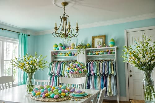photo from pinterest of easter-style interior designed (clothing store interior) . with flowers on table and light blue colors and spring decorations and colorful easter eggs and easter decorations and flowers on table. . cinematic photo, highly detailed, cinematic lighting, ultra-detailed, ultrarealistic, photorealism, 8k. trending on pinterest. easter interior design style. masterpiece, cinematic light, ultrarealistic+, photorealistic+, 8k, raw photo, realistic, sharp focus on eyes, (symmetrical eyes), (intact eyes), hyperrealistic, highest quality, best quality, , highly detailed, masterpiece, best quality, extremely detailed 8k wallpaper, masterpiece, best quality, ultra-detailed, best shadow, detailed background, detailed face, detailed eyes, high contrast, best illumination, detailed face, dulux, caustic, dynamic angle, detailed glow. dramatic lighting. highly detailed, insanely detailed hair, symmetrical, intricate details, professionally retouched, 8k high definition. strong bokeh. award winning photo.