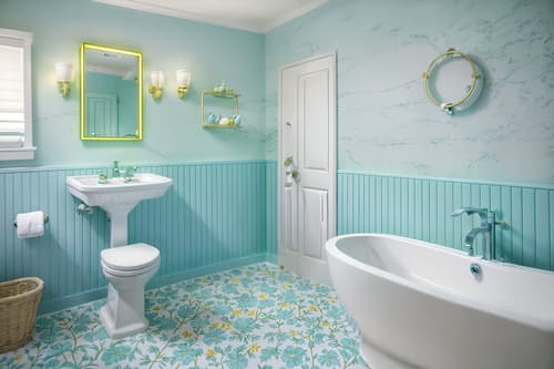 photo from pinterest of easter-style interior designed (hotel bathroom interior) with toilet seat and bathroom sink with faucet and bathtub and waste basket and bathroom cabinet and plant and bath rail and shower. . with light blue colors and spring decorations and flowers on table and colorful easter eggs and easter decorations and light blue colors. . cinematic photo, highly detailed, cinematic lighting, ultra-detailed, ultrarealistic, photorealism, 8k. trending on pinterest. easter interior design style. masterpiece, cinematic light, ultrarealistic+, photorealistic+, 8k, raw photo, realistic, sharp focus on eyes, (symmetrical eyes), (intact eyes), hyperrealistic, highest quality, best quality, , highly detailed, masterpiece, best quality, extremely detailed 8k wallpaper, masterpiece, best quality, ultra-detailed, best shadow, detailed background, detailed face, detailed eyes, high contrast, best illumination, detailed face, dulux, caustic, dynamic angle, detailed glow. dramatic lighting. highly detailed, insanely detailed hair, symmetrical, intricate details, professionally retouched, 8k high definition. strong bokeh. award winning photo.