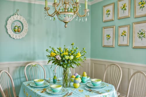 photo from pinterest of easter-style interior designed (dining room interior) with table cloth and painting or photo on wall and dining table and dining table chairs and light or chandelier and vase and plant and plates, cutlery and glasses on dining table. . with flowers on table and colorful easter eggs and light blue colors and spring decorations and easter decorations and flowers on table. . cinematic photo, highly detailed, cinematic lighting, ultra-detailed, ultrarealistic, photorealism, 8k. trending on pinterest. easter interior design style. masterpiece, cinematic light, ultrarealistic+, photorealistic+, 8k, raw photo, realistic, sharp focus on eyes, (symmetrical eyes), (intact eyes), hyperrealistic, highest quality, best quality, , highly detailed, masterpiece, best quality, extremely detailed 8k wallpaper, masterpiece, best quality, ultra-detailed, best shadow, detailed background, detailed face, detailed eyes, high contrast, best illumination, detailed face, dulux, caustic, dynamic angle, detailed glow. dramatic lighting. highly detailed, insanely detailed hair, symmetrical, intricate details, professionally retouched, 8k high definition. strong bokeh. award winning photo.