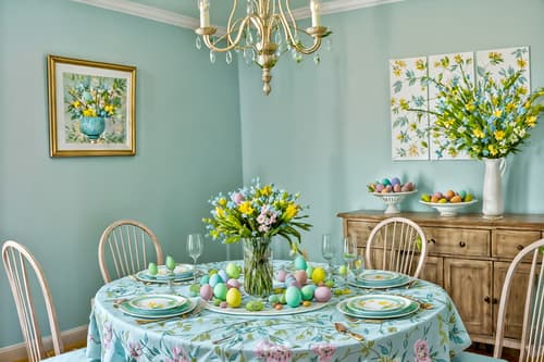 photo from pinterest of easter-style interior designed (dining room interior) with table cloth and painting or photo on wall and dining table and dining table chairs and light or chandelier and vase and plant and plates, cutlery and glasses on dining table. . with flowers on table and colorful easter eggs and light blue colors and spring decorations and easter decorations and flowers on table. . cinematic photo, highly detailed, cinematic lighting, ultra-detailed, ultrarealistic, photorealism, 8k. trending on pinterest. easter interior design style. masterpiece, cinematic light, ultrarealistic+, photorealistic+, 8k, raw photo, realistic, sharp focus on eyes, (symmetrical eyes), (intact eyes), hyperrealistic, highest quality, best quality, , highly detailed, masterpiece, best quality, extremely detailed 8k wallpaper, masterpiece, best quality, ultra-detailed, best shadow, detailed background, detailed face, detailed eyes, high contrast, best illumination, detailed face, dulux, caustic, dynamic angle, detailed glow. dramatic lighting. highly detailed, insanely detailed hair, symmetrical, intricate details, professionally retouched, 8k high definition. strong bokeh. award winning photo.