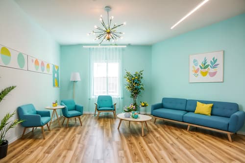 photo from pinterest of easter-style interior designed (coworking space interior) with seating area with sofa and office desks and lounge chairs and office chairs and seating area with sofa. . with light blue colors and flowers on table and spring decorations and easter decorations and colorful easter eggs and light blue colors. . cinematic photo, highly detailed, cinematic lighting, ultra-detailed, ultrarealistic, photorealism, 8k. trending on pinterest. easter interior design style. masterpiece, cinematic light, ultrarealistic+, photorealistic+, 8k, raw photo, realistic, sharp focus on eyes, (symmetrical eyes), (intact eyes), hyperrealistic, highest quality, best quality, , highly detailed, masterpiece, best quality, extremely detailed 8k wallpaper, masterpiece, best quality, ultra-detailed, best shadow, detailed background, detailed face, detailed eyes, high contrast, best illumination, detailed face, dulux, caustic, dynamic angle, detailed glow. dramatic lighting. highly detailed, insanely detailed hair, symmetrical, intricate details, professionally retouched, 8k high definition. strong bokeh. award winning photo.