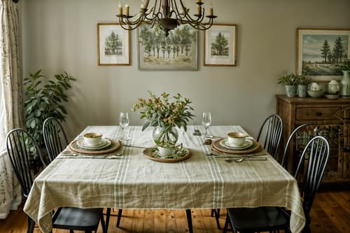 photo from pinterest of cottagecore-style interior designed (dining room interior) with dining table chairs and plant and vase and table cloth and plates, cutlery and glasses on dining table and light or chandelier and painting or photo on wall and dining table. . with natural and muted colors and floral patterns and organic and cottage style and country style and earthy and traditional. . cinematic photo, highly detailed, cinematic lighting, ultra-detailed, ultrarealistic, photorealism, 8k. trending on pinterest. cottagecore interior design style. masterpiece, cinematic light, ultrarealistic+, photorealistic+, 8k, raw photo, realistic, sharp focus on eyes, (symmetrical eyes), (intact eyes), hyperrealistic, highest quality, best quality, , highly detailed, masterpiece, best quality, extremely detailed 8k wallpaper, masterpiece, best quality, ultra-detailed, best shadow, detailed background, detailed face, detailed eyes, high contrast, best illumination, detailed face, dulux, caustic, dynamic angle, detailed glow. dramatic lighting. highly detailed, insanely detailed hair, symmetrical, intricate details, professionally retouched, 8k high definition. strong bokeh. award winning photo.