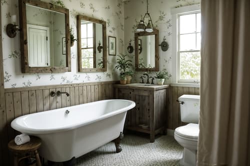 photo from pinterest of cottagecore-style interior designed (hotel bathroom interior) with bath towel and plant and toilet seat and shower and bathroom cabinet and bathtub and bath rail and mirror. . with traditional and cottage style and rustic and country style and floral patterns and organic and earthy and muted colors. . cinematic photo, highly detailed, cinematic lighting, ultra-detailed, ultrarealistic, photorealism, 8k. trending on pinterest. cottagecore interior design style. masterpiece, cinematic light, ultrarealistic+, photorealistic+, 8k, raw photo, realistic, sharp focus on eyes, (symmetrical eyes), (intact eyes), hyperrealistic, highest quality, best quality, , highly detailed, masterpiece, best quality, extremely detailed 8k wallpaper, masterpiece, best quality, ultra-detailed, best shadow, detailed background, detailed face, detailed eyes, high contrast, best illumination, detailed face, dulux, caustic, dynamic angle, detailed glow. dramatic lighting. highly detailed, insanely detailed hair, symmetrical, intricate details, professionally retouched, 8k high definition. strong bokeh. award winning photo.