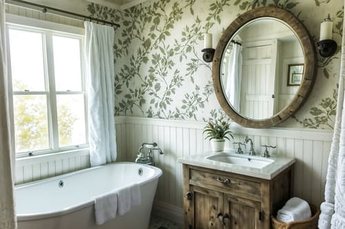 photo from pinterest of cottagecore-style interior designed (hotel bathroom interior) with bath towel and plant and toilet seat and shower and bathroom cabinet and bathtub and bath rail and mirror. . with traditional and cottage style and rustic and country style and floral patterns and organic and earthy and muted colors. . cinematic photo, highly detailed, cinematic lighting, ultra-detailed, ultrarealistic, photorealism, 8k. trending on pinterest. cottagecore interior design style. masterpiece, cinematic light, ultrarealistic+, photorealistic+, 8k, raw photo, realistic, sharp focus on eyes, (symmetrical eyes), (intact eyes), hyperrealistic, highest quality, best quality, , highly detailed, masterpiece, best quality, extremely detailed 8k wallpaper, masterpiece, best quality, ultra-detailed, best shadow, detailed background, detailed face, detailed eyes, high contrast, best illumination, detailed face, dulux, caustic, dynamic angle, detailed glow. dramatic lighting. highly detailed, insanely detailed hair, symmetrical, intricate details, professionally retouched, 8k high definition. strong bokeh. award winning photo.
