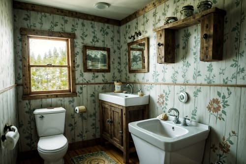 photo from pinterest of cottagecore-style interior designed (toilet interior) with sink with tap and toilet paper hanger and toilet with toilet seat up and sink with tap. . with floral patterns and rustic and earthy and muted colors and organic and natural and cottage style and traditional. . cinematic photo, highly detailed, cinematic lighting, ultra-detailed, ultrarealistic, photorealism, 8k. trending on pinterest. cottagecore interior design style. masterpiece, cinematic light, ultrarealistic+, photorealistic+, 8k, raw photo, realistic, sharp focus on eyes, (symmetrical eyes), (intact eyes), hyperrealistic, highest quality, best quality, , highly detailed, masterpiece, best quality, extremely detailed 8k wallpaper, masterpiece, best quality, ultra-detailed, best shadow, detailed background, detailed face, detailed eyes, high contrast, best illumination, detailed face, dulux, caustic, dynamic angle, detailed glow. dramatic lighting. highly detailed, insanely detailed hair, symmetrical, intricate details, professionally retouched, 8k high definition. strong bokeh. award winning photo.