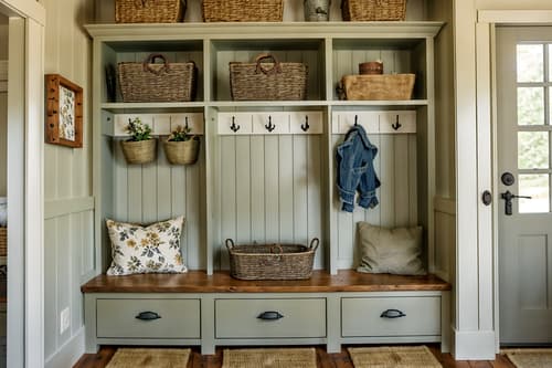 photo from pinterest of cottagecore-style interior designed (mudroom interior) with storage drawers and shelves for shoes and cubbies and cabinets and wall hooks for coats and high up storage and storage baskets and a bench. . with natural and cottage style and muted colors and floral patterns and traditional and organic and rustic and country style. . cinematic photo, highly detailed, cinematic lighting, ultra-detailed, ultrarealistic, photorealism, 8k. trending on pinterest. cottagecore interior design style. masterpiece, cinematic light, ultrarealistic+, photorealistic+, 8k, raw photo, realistic, sharp focus on eyes, (symmetrical eyes), (intact eyes), hyperrealistic, highest quality, best quality, , highly detailed, masterpiece, best quality, extremely detailed 8k wallpaper, masterpiece, best quality, ultra-detailed, best shadow, detailed background, detailed face, detailed eyes, high contrast, best illumination, detailed face, dulux, caustic, dynamic angle, detailed glow. dramatic lighting. highly detailed, insanely detailed hair, symmetrical, intricate details, professionally retouched, 8k high definition. strong bokeh. award winning photo.