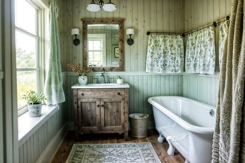 photo from pinterest of cottagecore-style interior designed (bathroom interior) with shower and bath towel and toilet seat and bathtub and bathroom sink with faucet and bathroom cabinet and bath rail and plant. . with earthy and muted colors and cottage style and natural and traditional and floral patterns and rustic and country style. . cinematic photo, highly detailed, cinematic lighting, ultra-detailed, ultrarealistic, photorealism, 8k. trending on pinterest. cottagecore interior design style. masterpiece, cinematic light, ultrarealistic+, photorealistic+, 8k, raw photo, realistic, sharp focus on eyes, (symmetrical eyes), (intact eyes), hyperrealistic, highest quality, best quality, , highly detailed, masterpiece, best quality, extremely detailed 8k wallpaper, masterpiece, best quality, ultra-detailed, best shadow, detailed background, detailed face, detailed eyes, high contrast, best illumination, detailed face, dulux, caustic, dynamic angle, detailed glow. dramatic lighting. highly detailed, insanely detailed hair, symmetrical, intricate details, professionally retouched, 8k high definition. strong bokeh. award winning photo.