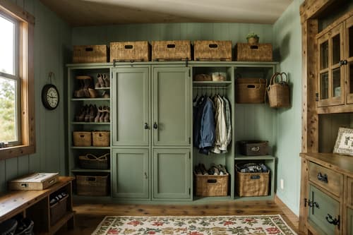photo from pinterest of cottagecore-style interior designed (drop zone interior) with lockers and a bench and cubbies and shelves for shoes and high up storage and storage drawers and cabinets and wall hooks for coats. . with floral patterns and cottage style and rustic and natural and country style and muted colors and traditional and earthy. . cinematic photo, highly detailed, cinematic lighting, ultra-detailed, ultrarealistic, photorealism, 8k. trending on pinterest. cottagecore interior design style. masterpiece, cinematic light, ultrarealistic+, photorealistic+, 8k, raw photo, realistic, sharp focus on eyes, (symmetrical eyes), (intact eyes), hyperrealistic, highest quality, best quality, , highly detailed, masterpiece, best quality, extremely detailed 8k wallpaper, masterpiece, best quality, ultra-detailed, best shadow, detailed background, detailed face, detailed eyes, high contrast, best illumination, detailed face, dulux, caustic, dynamic angle, detailed glow. dramatic lighting. highly detailed, insanely detailed hair, symmetrical, intricate details, professionally retouched, 8k high definition. strong bokeh. award winning photo.