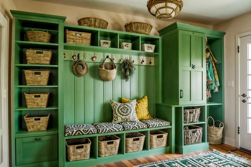 photo from pinterest of bohemian-style interior designed (mudroom interior) with cubbies and storage baskets and high up storage and storage drawers and shelves for shoes and wall hooks for coats and a bench and cabinets. . with carefree layers of pattern, texture, and color and a lack of structure and animal hides and playful colors and mixed patterns and natural materials and bold patterns and lush green nature. . cinematic photo, highly detailed, cinematic lighting, ultra-detailed, ultrarealistic, photorealism, 8k. trending on pinterest. bohemian interior design style. masterpiece, cinematic light, ultrarealistic+, photorealistic+, 8k, raw photo, realistic, sharp focus on eyes, (symmetrical eyes), (intact eyes), hyperrealistic, highest quality, best quality, , highly detailed, masterpiece, best quality, extremely detailed 8k wallpaper, masterpiece, best quality, ultra-detailed, best shadow, detailed background, detailed face, detailed eyes, high contrast, best illumination, detailed face, dulux, caustic, dynamic angle, detailed glow. dramatic lighting. highly detailed, insanely detailed hair, symmetrical, intricate details, professionally retouched, 8k high definition. strong bokeh. award winning photo.