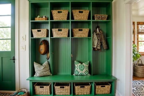 photo from pinterest of bohemian-style interior designed (mudroom interior) with cubbies and storage baskets and high up storage and storage drawers and shelves for shoes and wall hooks for coats and a bench and cabinets. . with carefree layers of pattern, texture, and color and a lack of structure and animal hides and playful colors and mixed patterns and natural materials and bold patterns and lush green nature. . cinematic photo, highly detailed, cinematic lighting, ultra-detailed, ultrarealistic, photorealism, 8k. trending on pinterest. bohemian interior design style. masterpiece, cinematic light, ultrarealistic+, photorealistic+, 8k, raw photo, realistic, sharp focus on eyes, (symmetrical eyes), (intact eyes), hyperrealistic, highest quality, best quality, , highly detailed, masterpiece, best quality, extremely detailed 8k wallpaper, masterpiece, best quality, ultra-detailed, best shadow, detailed background, detailed face, detailed eyes, high contrast, best illumination, detailed face, dulux, caustic, dynamic angle, detailed glow. dramatic lighting. highly detailed, insanely detailed hair, symmetrical, intricate details, professionally retouched, 8k high definition. strong bokeh. award winning photo.