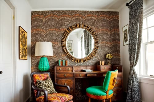 photo from pinterest of bohemian-style interior designed (hotel room interior) with headboard and working desk with desk chair and bed and hotel bathroom and accent chair and dresser closet and mirror and night light. . with woods and animal hides and bold colors and bold patterns and carefree layers of pattern, texture, and color and travel trinkets and playful colors and playful patterns. . cinematic photo, highly detailed, cinematic lighting, ultra-detailed, ultrarealistic, photorealism, 8k. trending on pinterest. bohemian interior design style. masterpiece, cinematic light, ultrarealistic+, photorealistic+, 8k, raw photo, realistic, sharp focus on eyes, (symmetrical eyes), (intact eyes), hyperrealistic, highest quality, best quality, , highly detailed, masterpiece, best quality, extremely detailed 8k wallpaper, masterpiece, best quality, ultra-detailed, best shadow, detailed background, detailed face, detailed eyes, high contrast, best illumination, detailed face, dulux, caustic, dynamic angle, detailed glow. dramatic lighting. highly detailed, insanely detailed hair, symmetrical, intricate details, professionally retouched, 8k high definition. strong bokeh. award winning photo.