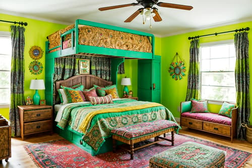 photo from pinterest of bohemian-style interior designed (kids room interior) with mirror and kids desk and storage bench or ottoman and dresser closet and headboard and bedside table or night stand and bed and night light. . with playful textures and natural materials and carefree layers of pattern, texture, and color and bold patterns and mixed patterns and playful colors and lush green nature and travel trinkets. . cinematic photo, highly detailed, cinematic lighting, ultra-detailed, ultrarealistic, photorealism, 8k. trending on pinterest. bohemian interior design style. masterpiece, cinematic light, ultrarealistic+, photorealistic+, 8k, raw photo, realistic, sharp focus on eyes, (symmetrical eyes), (intact eyes), hyperrealistic, highest quality, best quality, , highly detailed, masterpiece, best quality, extremely detailed 8k wallpaper, masterpiece, best quality, ultra-detailed, best shadow, detailed background, detailed face, detailed eyes, high contrast, best illumination, detailed face, dulux, caustic, dynamic angle, detailed glow. dramatic lighting. highly detailed, insanely detailed hair, symmetrical, intricate details, professionally retouched, 8k high definition. strong bokeh. award winning photo.