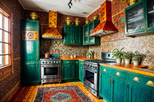photo from pinterest of bohemian-style interior designed (kitchen interior) with kitchen cabinets and plant and refrigerator and stove and sink and worktops and kitchen cabinets. . with playful textures and a lack of structure and playful patterns and bold colors and playful colors and metals and carefree layers of pattern, texture, and color and animal hides. . cinematic photo, highly detailed, cinematic lighting, ultra-detailed, ultrarealistic, photorealism, 8k. trending on pinterest. bohemian interior design style. masterpiece, cinematic light, ultrarealistic+, photorealistic+, 8k, raw photo, realistic, sharp focus on eyes, (symmetrical eyes), (intact eyes), hyperrealistic, highest quality, best quality, , highly detailed, masterpiece, best quality, extremely detailed 8k wallpaper, masterpiece, best quality, ultra-detailed, best shadow, detailed background, detailed face, detailed eyes, high contrast, best illumination, detailed face, dulux, caustic, dynamic angle, detailed glow. dramatic lighting. highly detailed, insanely detailed hair, symmetrical, intricate details, professionally retouched, 8k high definition. strong bokeh. award winning photo.