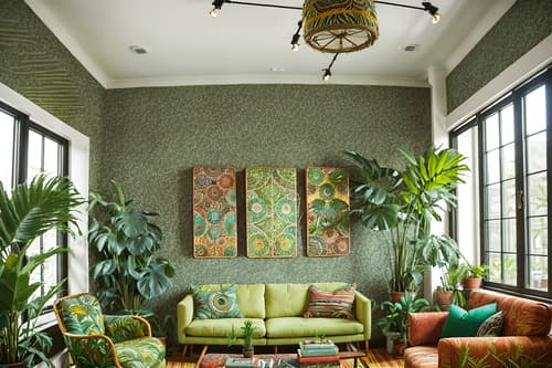 photo from pinterest of bohemian-style interior designed (office interior) with seating area with sofa and lounge chairs and cabinets and office desks and windows and computer desks and office chairs and plants. . with carefree layers of pattern, texture, and color and lush green nature and travel trinkets and bold patterns and playful colors and animal hides and natural materials and playful patterns. . cinematic photo, highly detailed, cinematic lighting, ultra-detailed, ultrarealistic, photorealism, 8k. trending on pinterest. bohemian interior design style. masterpiece, cinematic light, ultrarealistic+, photorealistic+, 8k, raw photo, realistic, sharp focus on eyes, (symmetrical eyes), (intact eyes), hyperrealistic, highest quality, best quality, , highly detailed, masterpiece, best quality, extremely detailed 8k wallpaper, masterpiece, best quality, ultra-detailed, best shadow, detailed background, detailed face, detailed eyes, high contrast, best illumination, detailed face, dulux, caustic, dynamic angle, detailed glow. dramatic lighting. highly detailed, insanely detailed hair, symmetrical, intricate details, professionally retouched, 8k high definition. strong bokeh. award winning photo.