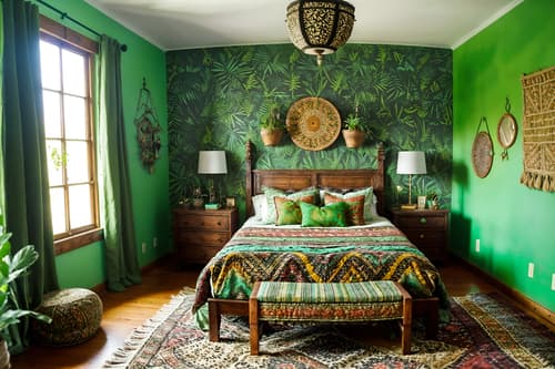 photo from pinterest of bohemian-style interior designed (bedroom interior) with plant and storage bench or ottoman and bed and dresser closet and headboard and accent chair and bedside table or night stand and night light. . with woods and playful colors and a lack of structure and lush green nature and bold patterns and natural materials and mixed patterns and carefree layers of pattern, texture, and color. . cinematic photo, highly detailed, cinematic lighting, ultra-detailed, ultrarealistic, photorealism, 8k. trending on pinterest. bohemian interior design style. masterpiece, cinematic light, ultrarealistic+, photorealistic+, 8k, raw photo, realistic, sharp focus on eyes, (symmetrical eyes), (intact eyes), hyperrealistic, highest quality, best quality, , highly detailed, masterpiece, best quality, extremely detailed 8k wallpaper, masterpiece, best quality, ultra-detailed, best shadow, detailed background, detailed face, detailed eyes, high contrast, best illumination, detailed face, dulux, caustic, dynamic angle, detailed glow. dramatic lighting. highly detailed, insanely detailed hair, symmetrical, intricate details, professionally retouched, 8k high definition. strong bokeh. award winning photo.
