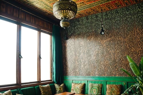 photo from pinterest of bohemian-style interior designed (coffee shop interior) . with metals and playful patterns and bold patterns and carefree layers of pattern, texture, and color and mixed patterns and woods and travel trinkets and lush green nature. . cinematic photo, highly detailed, cinematic lighting, ultra-detailed, ultrarealistic, photorealism, 8k. trending on pinterest. bohemian interior design style. masterpiece, cinematic light, ultrarealistic+, photorealistic+, 8k, raw photo, realistic, sharp focus on eyes, (symmetrical eyes), (intact eyes), hyperrealistic, highest quality, best quality, , highly detailed, masterpiece, best quality, extremely detailed 8k wallpaper, masterpiece, best quality, ultra-detailed, best shadow, detailed background, detailed face, detailed eyes, high contrast, best illumination, detailed face, dulux, caustic, dynamic angle, detailed glow. dramatic lighting. highly detailed, insanely detailed hair, symmetrical, intricate details, professionally retouched, 8k high definition. strong bokeh. award winning photo.