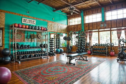photo from pinterest of bohemian-style interior designed (fitness gym interior) with squat rack and exercise bicycle and crosstrainer and bench press and dumbbell stand and squat rack. . with carefree layers of pattern, texture, and color and metals and playful colors and bold colors and a lack of structure and woods and travel trinkets and bold patterns. . cinematic photo, highly detailed, cinematic lighting, ultra-detailed, ultrarealistic, photorealism, 8k. trending on pinterest. bohemian interior design style. masterpiece, cinematic light, ultrarealistic+, photorealistic+, 8k, raw photo, realistic, sharp focus on eyes, (symmetrical eyes), (intact eyes), hyperrealistic, highest quality, best quality, , highly detailed, masterpiece, best quality, extremely detailed 8k wallpaper, masterpiece, best quality, ultra-detailed, best shadow, detailed background, detailed face, detailed eyes, high contrast, best illumination, detailed face, dulux, caustic, dynamic angle, detailed glow. dramatic lighting. highly detailed, insanely detailed hair, symmetrical, intricate details, professionally retouched, 8k high definition. strong bokeh. award winning photo.