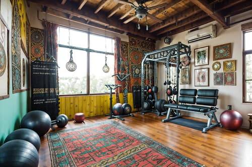 photo from pinterest of bohemian-style interior designed (fitness gym interior) with squat rack and exercise bicycle and crosstrainer and bench press and dumbbell stand and squat rack. . with carefree layers of pattern, texture, and color and metals and playful colors and bold colors and a lack of structure and woods and travel trinkets and bold patterns. . cinematic photo, highly detailed, cinematic lighting, ultra-detailed, ultrarealistic, photorealism, 8k. trending on pinterest. bohemian interior design style. masterpiece, cinematic light, ultrarealistic+, photorealistic+, 8k, raw photo, realistic, sharp focus on eyes, (symmetrical eyes), (intact eyes), hyperrealistic, highest quality, best quality, , highly detailed, masterpiece, best quality, extremely detailed 8k wallpaper, masterpiece, best quality, ultra-detailed, best shadow, detailed background, detailed face, detailed eyes, high contrast, best illumination, detailed face, dulux, caustic, dynamic angle, detailed glow. dramatic lighting. highly detailed, insanely detailed hair, symmetrical, intricate details, professionally retouched, 8k high definition. strong bokeh. award winning photo.