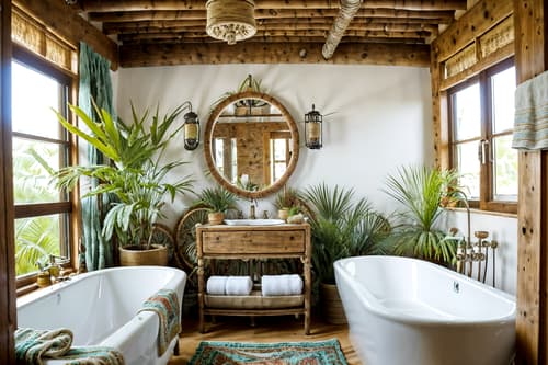 photo from pinterest of bohemian-style interior designed (hotel bathroom interior) with bathroom cabinet and shower and bath towel and bathroom sink with faucet and bath rail and waste basket and toilet seat and plant. . with playful textures and natural materials and a lack of structure and animal hides and woods and carefree layers of pattern, texture, and color and playful patterns and playful colors. . cinematic photo, highly detailed, cinematic lighting, ultra-detailed, ultrarealistic, photorealism, 8k. trending on pinterest. bohemian interior design style. masterpiece, cinematic light, ultrarealistic+, photorealistic+, 8k, raw photo, realistic, sharp focus on eyes, (symmetrical eyes), (intact eyes), hyperrealistic, highest quality, best quality, , highly detailed, masterpiece, best quality, extremely detailed 8k wallpaper, masterpiece, best quality, ultra-detailed, best shadow, detailed background, detailed face, detailed eyes, high contrast, best illumination, detailed face, dulux, caustic, dynamic angle, detailed glow. dramatic lighting. highly detailed, insanely detailed hair, symmetrical, intricate details, professionally retouched, 8k high definition. strong bokeh. award winning photo.