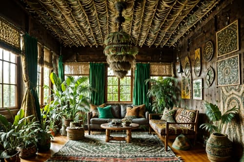 photo from pinterest of bohemian-style interior designed (exhibition space interior) . with animal hides and mixed patterns and playful textures and natural materials and lush green nature and woods and playful colors and carefree layers of pattern, texture, and color. . cinematic photo, highly detailed, cinematic lighting, ultra-detailed, ultrarealistic, photorealism, 8k. trending on pinterest. bohemian interior design style. masterpiece, cinematic light, ultrarealistic+, photorealistic+, 8k, raw photo, realistic, sharp focus on eyes, (symmetrical eyes), (intact eyes), hyperrealistic, highest quality, best quality, , highly detailed, masterpiece, best quality, extremely detailed 8k wallpaper, masterpiece, best quality, ultra-detailed, best shadow, detailed background, detailed face, detailed eyes, high contrast, best illumination, detailed face, dulux, caustic, dynamic angle, detailed glow. dramatic lighting. highly detailed, insanely detailed hair, symmetrical, intricate details, professionally retouched, 8k high definition. strong bokeh. award winning photo.