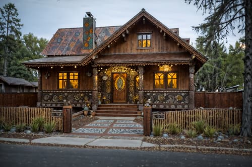 photo from pinterest of bohemian-style exterior designed (house exterior exterior) . with playful patterns and animal hides and bold patterns and mixed patterns and playful textures and woods and natural materials and carefree layers of pattern, texture, and color. . cinematic photo, highly detailed, cinematic lighting, ultra-detailed, ultrarealistic, photorealism, 8k. trending on pinterest. bohemian exterior design style. masterpiece, cinematic light, ultrarealistic+, photorealistic+, 8k, raw photo, realistic, sharp focus on eyes, (symmetrical eyes), (intact eyes), hyperrealistic, highest quality, best quality, , highly detailed, masterpiece, best quality, extremely detailed 8k wallpaper, masterpiece, best quality, ultra-detailed, best shadow, detailed background, detailed face, detailed eyes, high contrast, best illumination, detailed face, dulux, caustic, dynamic angle, detailed glow. dramatic lighting. highly detailed, insanely detailed hair, symmetrical, intricate details, professionally retouched, 8k high definition. strong bokeh. award winning photo.