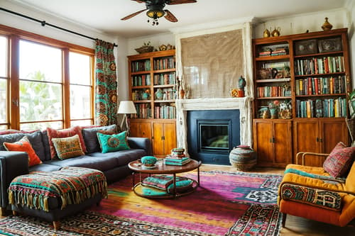 photo from pinterest of bohemian-style interior designed (living room interior) with coffee tables and rug and sofa and bookshelves and occasional tables and televisions and furniture and electric lamps. . with travel trinkets and carefree layers of pattern, texture, and color and animal hides and playful textures and bold colors and bold patterns and playful colors and mixed patterns. . cinematic photo, highly detailed, cinematic lighting, ultra-detailed, ultrarealistic, photorealism, 8k. trending on pinterest. bohemian interior design style. masterpiece, cinematic light, ultrarealistic+, photorealistic+, 8k, raw photo, realistic, sharp focus on eyes, (symmetrical eyes), (intact eyes), hyperrealistic, highest quality, best quality, , highly detailed, masterpiece, best quality, extremely detailed 8k wallpaper, masterpiece, best quality, ultra-detailed, best shadow, detailed background, detailed face, detailed eyes, high contrast, best illumination, detailed face, dulux, caustic, dynamic angle, detailed glow. dramatic lighting. highly detailed, insanely detailed hair, symmetrical, intricate details, professionally retouched, 8k high definition. strong bokeh. award winning photo.