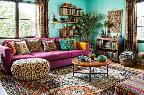 photo from pinterest of bohemian-style interior designed (living room interior) with coffee tables and rug and sofa and bookshelves and occasional tables and televisions and furniture and electric lamps. . with travel trinkets and carefree layers of pattern, texture, and color and animal hides and playful textures and bold colors and bold patterns and playful colors and mixed patterns. . cinematic photo, highly detailed, cinematic lighting, ultra-detailed, ultrarealistic, photorealism, 8k. trending on pinterest. bohemian interior design style. masterpiece, cinematic light, ultrarealistic+, photorealistic+, 8k, raw photo, realistic, sharp focus on eyes, (symmetrical eyes), (intact eyes), hyperrealistic, highest quality, best quality, , highly detailed, masterpiece, best quality, extremely detailed 8k wallpaper, masterpiece, best quality, ultra-detailed, best shadow, detailed background, detailed face, detailed eyes, high contrast, best illumination, detailed face, dulux, caustic, dynamic angle, detailed glow. dramatic lighting. highly detailed, insanely detailed hair, symmetrical, intricate details, professionally retouched, 8k high definition. strong bokeh. award winning photo.