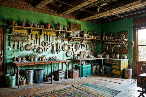 photo from pinterest of bohemian-style interior designed (workshop interior) with messy and wooden workbench and tool wall and messy. . with metals and natural materials and playful colors and bold colors and animal hides and a lack of structure and carefree layers of pattern, texture, and color and playful textures. . cinematic photo, highly detailed, cinematic lighting, ultra-detailed, ultrarealistic, photorealism, 8k. trending on pinterest. bohemian interior design style. masterpiece, cinematic light, ultrarealistic+, photorealistic+, 8k, raw photo, realistic, sharp focus on eyes, (symmetrical eyes), (intact eyes), hyperrealistic, highest quality, best quality, , highly detailed, masterpiece, best quality, extremely detailed 8k wallpaper, masterpiece, best quality, ultra-detailed, best shadow, detailed background, detailed face, detailed eyes, high contrast, best illumination, detailed face, dulux, caustic, dynamic angle, detailed glow. dramatic lighting. highly detailed, insanely detailed hair, symmetrical, intricate details, professionally retouched, 8k high definition. strong bokeh. award winning photo.