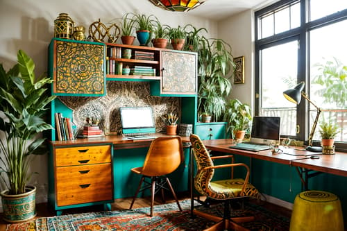 photo from pinterest of bohemian-style interior designed (home office interior) with cabinets and plant and computer desk and office chair and desk lamp and cabinets. . with playful patterns and bold colors and metals and natural materials and animal hides and travel trinkets and playful textures and carefree layers of pattern, texture, and color. . cinematic photo, highly detailed, cinematic lighting, ultra-detailed, ultrarealistic, photorealism, 8k. trending on pinterest. bohemian interior design style. masterpiece, cinematic light, ultrarealistic+, photorealistic+, 8k, raw photo, realistic, sharp focus on eyes, (symmetrical eyes), (intact eyes), hyperrealistic, highest quality, best quality, , highly detailed, masterpiece, best quality, extremely detailed 8k wallpaper, masterpiece, best quality, ultra-detailed, best shadow, detailed background, detailed face, detailed eyes, high contrast, best illumination, detailed face, dulux, caustic, dynamic angle, detailed glow. dramatic lighting. highly detailed, insanely detailed hair, symmetrical, intricate details, professionally retouched, 8k high definition. strong bokeh. award winning photo.