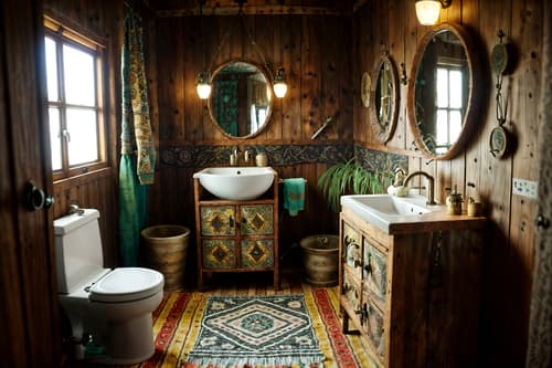 photo from pinterest of bohemian-style interior designed (toilet interior) with sink with tap and toilet with toilet seat up and toilet paper hanger and sink with tap. . with animal hides and natural materials and woods and metals and playful textures and playful patterns and bold colors and a lack of structure. . cinematic photo, highly detailed, cinematic lighting, ultra-detailed, ultrarealistic, photorealism, 8k. trending on pinterest. bohemian interior design style. masterpiece, cinematic light, ultrarealistic+, photorealistic+, 8k, raw photo, realistic, sharp focus on eyes, (symmetrical eyes), (intact eyes), hyperrealistic, highest quality, best quality, , highly detailed, masterpiece, best quality, extremely detailed 8k wallpaper, masterpiece, best quality, ultra-detailed, best shadow, detailed background, detailed face, detailed eyes, high contrast, best illumination, detailed face, dulux, caustic, dynamic angle, detailed glow. dramatic lighting. highly detailed, insanely detailed hair, symmetrical, intricate details, professionally retouched, 8k high definition. strong bokeh. award winning photo.